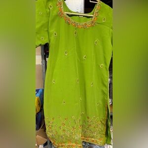 Vibrant Green and Orange Salwar Suit
